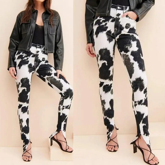 WeWoreWhat Pants - Weworewhat Size 29 Cow Print Stiletto Slit Skinny Animal Print Black White Jeans